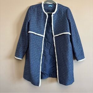 J. McLaughlin Blue tweed car Coat with White fringe Edging